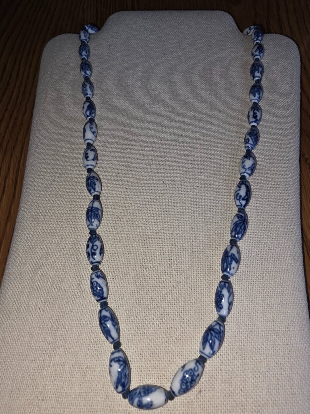 Vintage Chinese Blue White Porcelain Bead Necklace Hand Knotted Silver Clasp